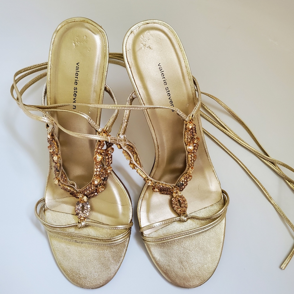 Gold Leather & Rhinestone lace up heel sandles - Picture 10 of 16